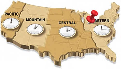 U.S. outline showing states by timezone.